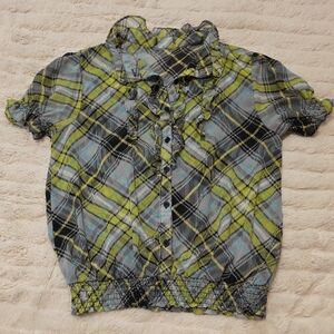 Plaid Ruffle Button-Front Top - Green/Blue/Black